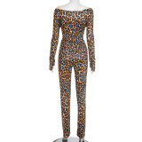 Sexy leopard print V-neck off-shoulder top and tight pants set