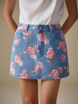 Women casual floral rose print denim skirt