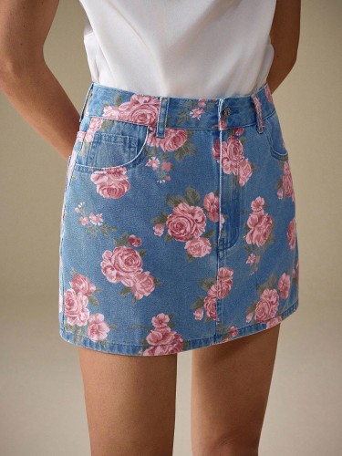 Women casual floral rose print denim skirt