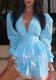 Women's Autumn Pleated V-Neck Printed Dress Long Sleeve A-Line Skirt