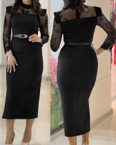 High-neck lace pattern mesh dress (belt not included)