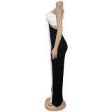 Women casual halter neck contrast color jumpsuit