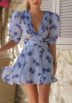 Autumn women's digital printing V-neck puff sleeve pleated short dress elegant high waist A-line skirt