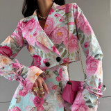 Autumn Women's Digital Print Skirt Suit Long Sleeve Top High Waist Short Skirt Two-Piece Set