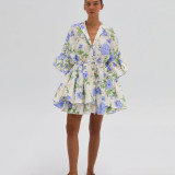 Autumn women's french dress stand collar floral printed A-line dress