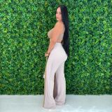 Women casual halter neck contrast color jumpsuit