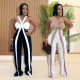 Women casual halter neck contrast color jumpsuit