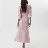 Digital Printed Elegant Dress with Three-quarter Sleeves and Bow Knot  Maxi Dress