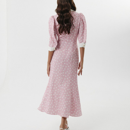 Digital Printed Elegant Dress with Three-quarter Sleeves and Bow Knot  Maxi Dress