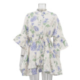Autumn women's french dress stand collar floral printed A-line dress