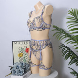 Sexy Lingerie Set Underwire Floral Embroidery Purple 4-Piece Lingerie Set