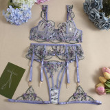 Sexy Lingerie Set Underwire Floral Embroidery Purple 4-Piece Lingerie Set