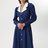 Autumn women's polka dot dress long sleeves single-breasted high-waisted french maxi dress