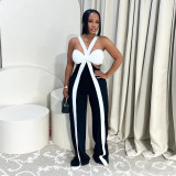Women casual halter neck contrast color jumpsuit