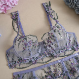 Sexy Lingerie Set Underwire Floral Embroidery Purple 4-Piece Lingerie Set