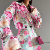 Autumn Women's Digital Print Skirt Suit Long Sleeve Top High Waist Short Skirt Two-Piece Set