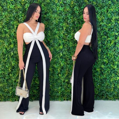 Women casual halter neck contrast color jumpsuit
