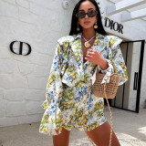 Autumn women's print casual top shorts two-piece set