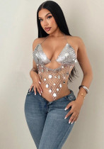 Sexy fishnet rhinestone party halter neck vest music festival top