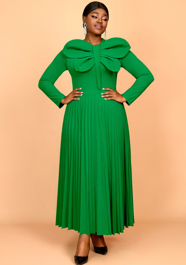 Plus size women clothing pleated long-sleeved maxi dress