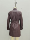Autumn winter belted  long sleeve PU leather windbreaker leather jacket for women