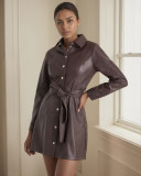 Autumn winter belted  long sleeve PU leather windbreaker leather jacket for women