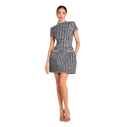 Autumn winter women's slim fit round neck beaded plaid mini dress