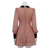 Women's contrasting color printed French dress lapel long sleeves high waist A-line skirt