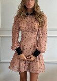 Women's contrasting color printed French dress lapel long sleeves high waist A-line skirt