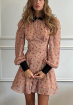 Women's contrasting color printed French dress lapel long sleeves high waist A-line skirt