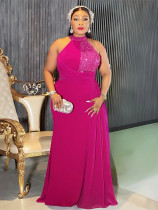 Plus Size Women's Clothing African Elegant Halter Neck Sequin Evening Dress