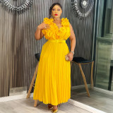 Women's African Clothing Plus Size Sleeveless High Waist Belted Pleated Maxi Dress