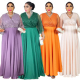 Plus Size Evening Dress African V-Neck Sequin Ball Gown
