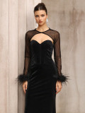 Two-piece formal dress set semi-sheer mesh top and velvet strapless dress