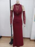 Fitted burgundy high-neck long-sleeved elegant dress lace evening gown
