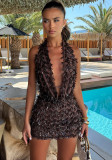 Halter neck V-neck slim-fit sexy sequin short skirt set for women