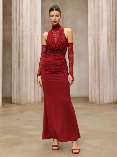 Fitted burgundy high-neck long-sleeved elegant dress lace evening gown