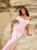 Elegant off-the-shoulder evening gown lace floral long women's dress