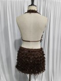 Halter neck V-neck slim-fit sexy sequin short skirt set for women