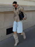 Autumn winter women's khaki long-sleeved tie windbreaker lapel belted coat