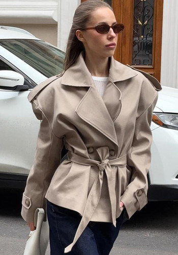 Autumn winter women's khaki long-sleeved tie windbreaker lapel belted coat