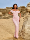 Elegant off-the-shoulder evening gown lace floral long women's dress