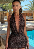 Halter neck V-neck slim-fit sexy sequin short skirt set for women