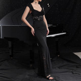 Women's solid color off-shoulder lace-trimmed evening dress slim fit long dress