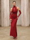 Fitted burgundy high-neck long-sleeved elegant dress lace evening gown