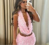 Halter neck V-neck slim-fit sexy sequin short skirt set for women