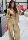 Women's Long-Sleeve Blouse & Wide-Leg Pants Three-Piece Set