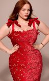 High-end embroidered bodycon Christmas maxi dress with bow