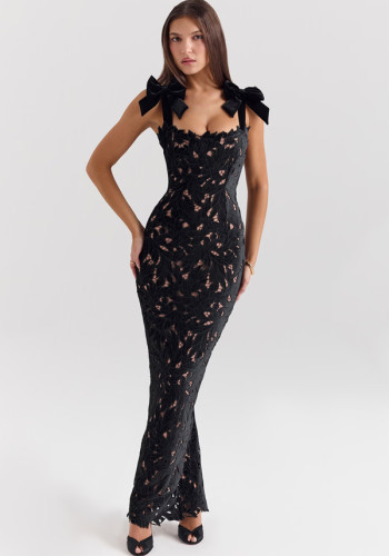 High-end embroidered bodycon maxi dress with bow