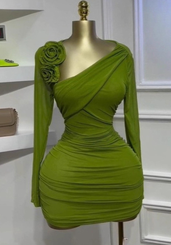 Women's Asymmetrical Neckline 3D Floral Mini Dress Long Sleeves Pleated Slimming Elegant Dress